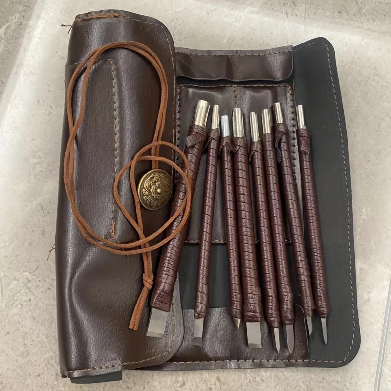 Wood Chisel Set - ‌ ชุดสิ่วแกะสลักเหล็กทังสเตน 8 ชิ้น - ด้ามจับหนังและกระเป๋าสำหรับแกะสลักหิน/ไม้/โลหะ